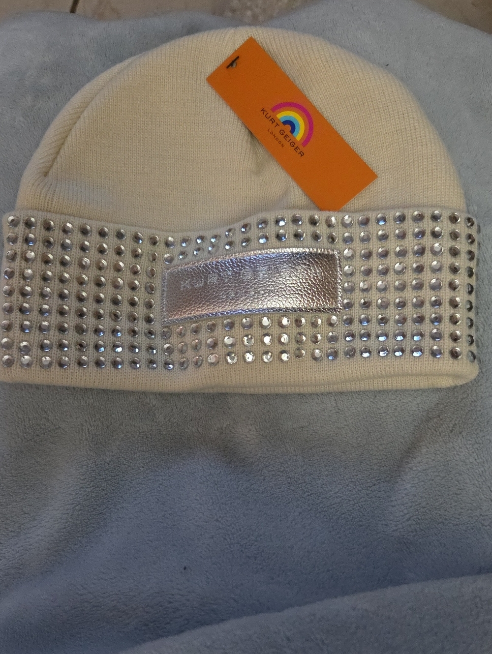 Kurt Geiger Ivory Knit Beanie with Rhinestone Cuff NWOT